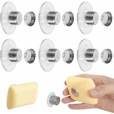 Lot de 6 porte-savons aimantés avec ventouses, conçus pour une utilisation sans perçage. Ces porte-savons magnétiques sont adaptés pour la salle de bain, l'évier, la baignoire et la cuisine.