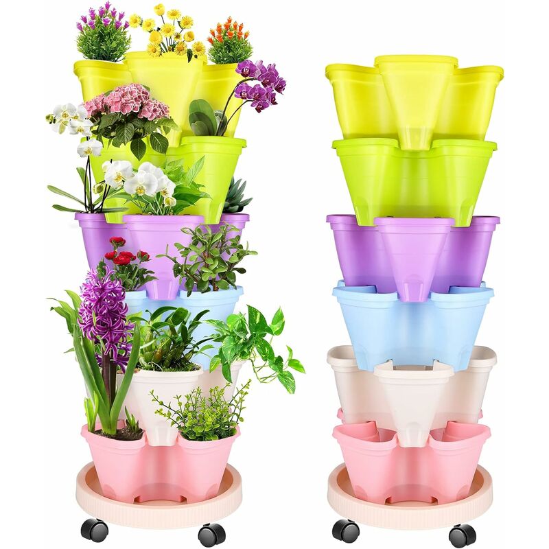 Lot de 6 Pots de Fleurs Tridimensionnels Ultra Robustes en Plastique pour Fraises - pour Balcon, Jardin, Intérieur et Extérieur (Coloré)