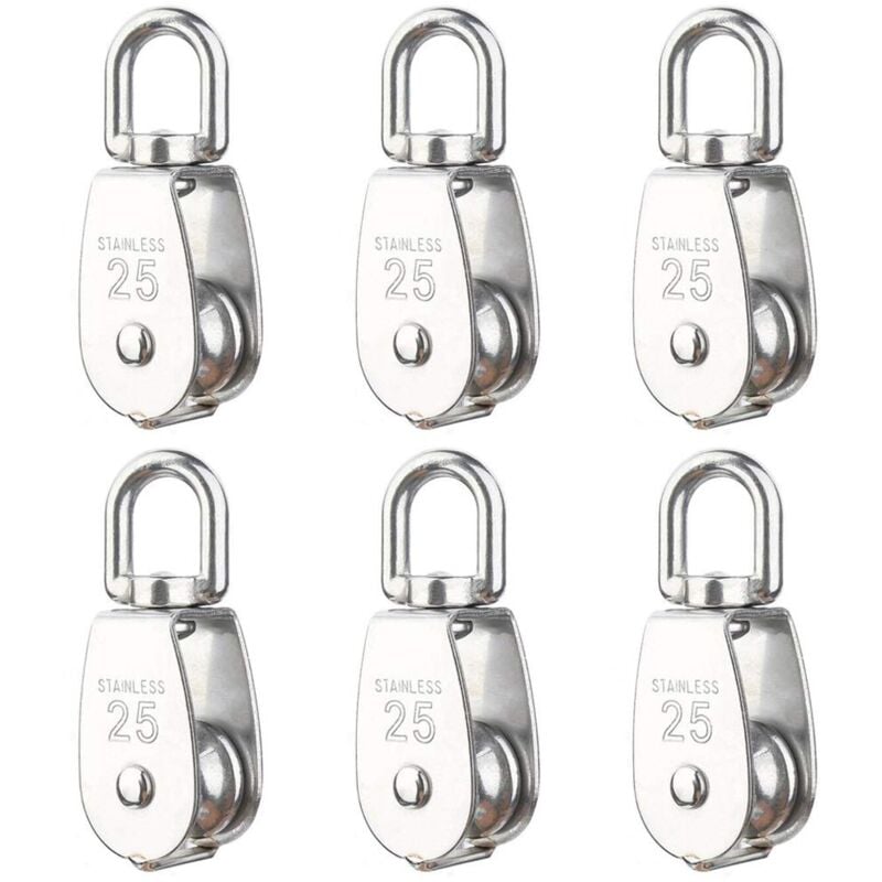 Lot de 6 poulies de levage m25 chargeant 150 kg, bloc de poulie de corde de levage pivotant en acier inoxydable 304 robuste