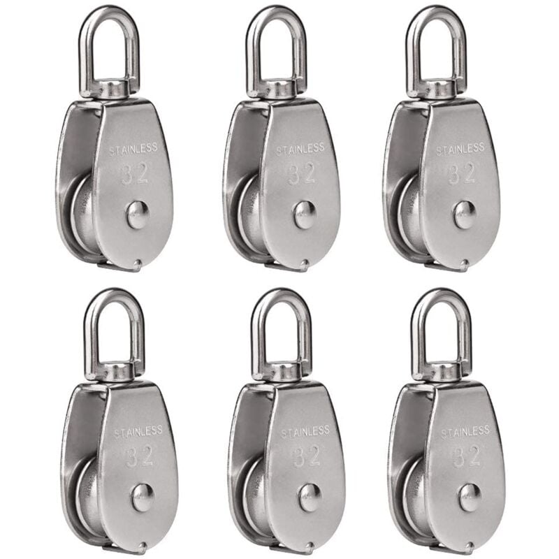 Lot de 6 poulies de levage m32 chargeant 250 kg, bloc de poulie de corde de levage pivotant en acier inoxydable 304 robuste