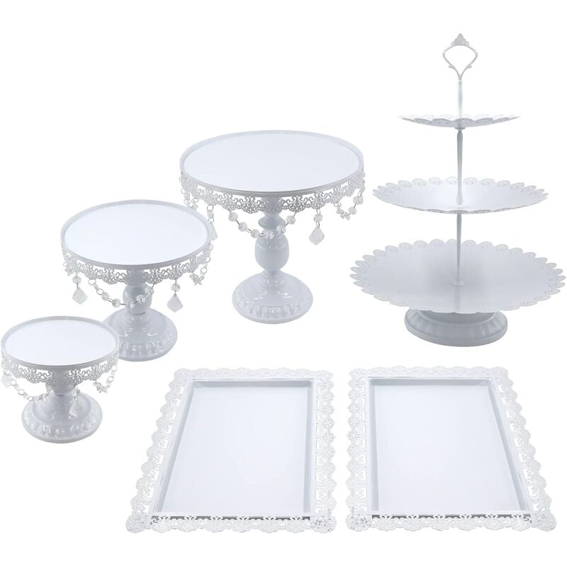 Lot de 6 présentoirs à gâteaux ronds en métal avec perles de cristal, support à cupcakes rond à 3 niveaux, décoration de fête de mariage (blanc)