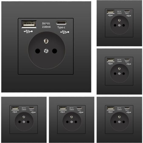 Lot de 6 prises murales encastrées françaises avec USB-C et USB, 86x86mm, ABS/PC ignifuge (noir) - 250V 16A, 5V 2.1A