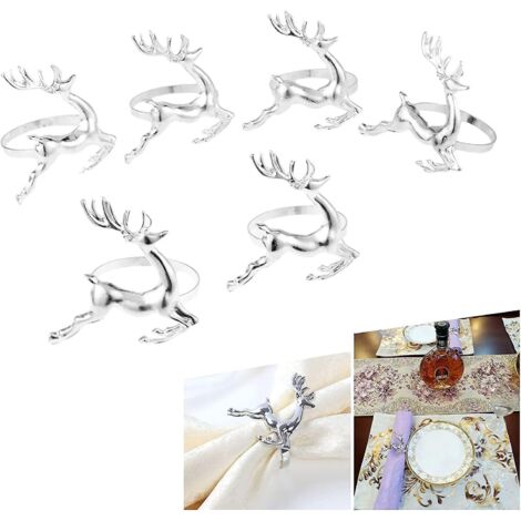 Lot de 6 ronds de serviette de Noël en forme de renne, argentés, pour table de mariage.