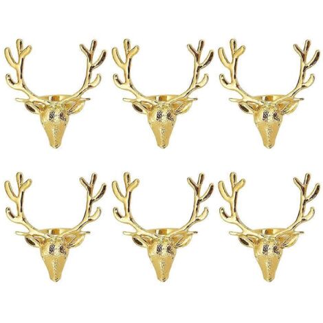 Lot de 6 ronds de serviette dorés en forme de tête de cerf, avec boucle.