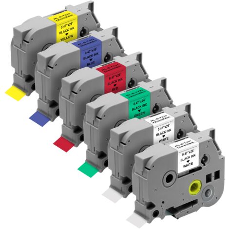 Lot de 6 rubans d'étiquettes 12mm x 8m – 2 blancs, 1 bleu, 1 jaune, 1 rouge, 1 vert – Compatible Brother P-touch