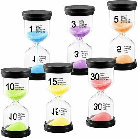Lot de 6 sabliers en verre transparent coloré 1 min/3 min/5 min/10 min/15 min/30 min – Sablier, minuteur de cuisine, minuteur de brossage des dents.