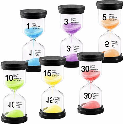 Lot de 6 Sabliers,Sablier Colore kit en Verre Transparent,Sable Horloge1 Min/3 Min/5 min/10 min/15 min/30 Min - Minuteur Sabliers,Minuteur Timer,Minuterie de Cuisine,pour brossage de Dents