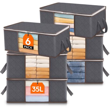 Lot de 6 Sac de Rangement Vetement 35 L, Boîte de Rangement sous lit Pliable, Housse Rangement, Organisateur de Placard pour Couettes, Couvertures, Gris