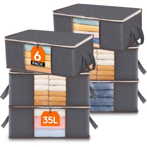 Lot de 6 Sac de Rangement Vetement 35L, Boîte de Rangement sous lit Pliable, Housse Rangement Couette Organisateur de Placard, Fenêtre Transparente en Tissu Solide pour Les Vêtements, Gris