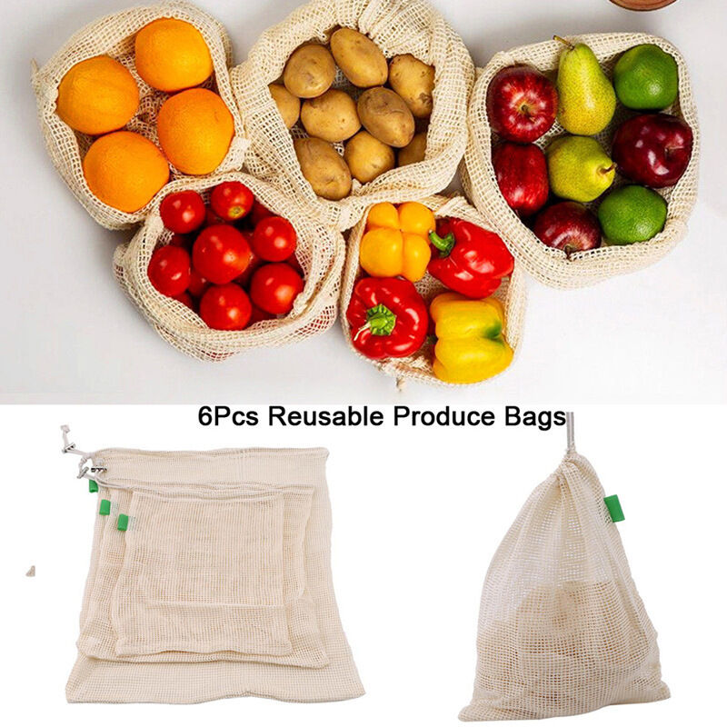 Lot de 6 Sacs à légumes réutilisables en Coton Bio Taille s (m, l), s (28x 20 cm) Taille m (28 x 33 cm) Taille l (28 x 43 cm) - White