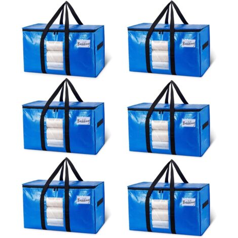 Lot de 6 Sacs de Déménagement Extra-Larges Bleus – Paniers Robustes avec Fenêtre Transparente et Poignées Tout Autour, Sacs de Rangement Économiseurs d'Espace, Alternative aux Boîtes de Déménagement