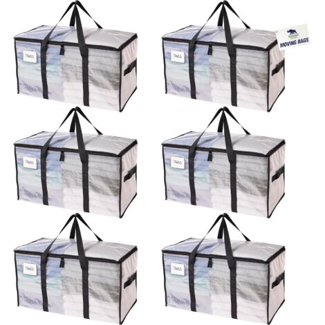 Lot de 6 Sacs de Déménagement Extra-Larges Robustes – Poignées et Fermeture Éclair Solides, Alternative aux Boîtes, Économiseur d'Espace avec Étiquette, Transparent
