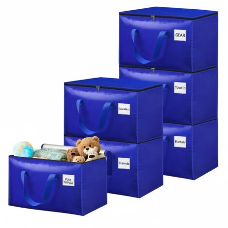 Lot de 6 sacs de déménagement imperméables 100L, avec zip et poignées, pour vêtements et couettes, bleu