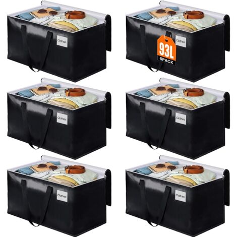 Lot de 6 Sacs de Déménagement Pliables – Boîtes Robustes avec Fermetures Éclair et Poignées, Sacs de Rangement Économiseurs d'Espace pour Fournitures de Déménagement (93L, Noir)