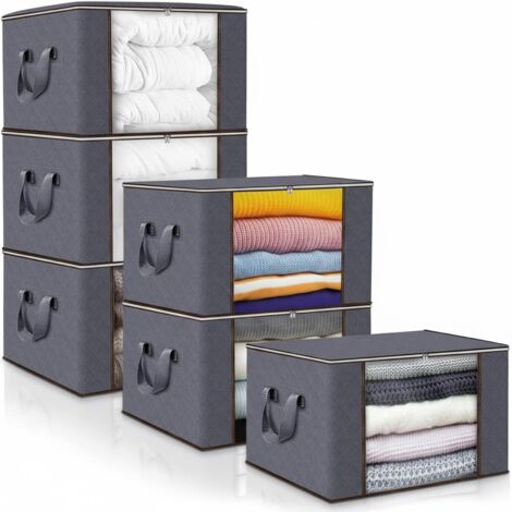 Lot de 6 sacs de rangement pliables 90L, avec couvercle et poignées, pour organiser armoire, chambre, vêtements et couettes, gris