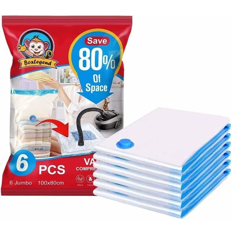 Lot de 6 Sacs de Rangement sous Vide,6 100x80cm Sac de Compression Voyages Réutilisables pour Matelas, Tente, Vêtements, Couettes, Literie, Oreillers