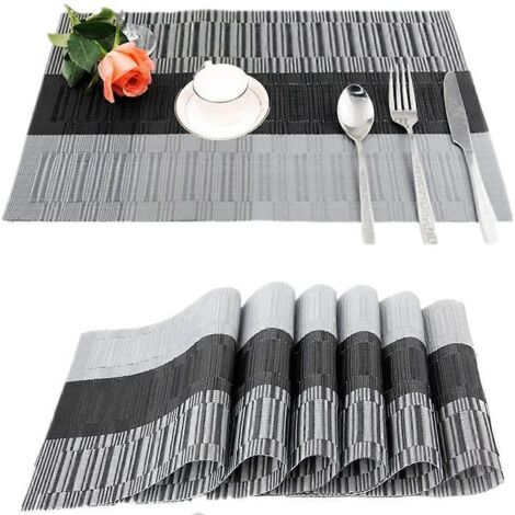 Lot de 6 sets de table antidérapants en PVC lavables (45 x 30 cm) pour la cuisine, le salon, le jardin ou la salle à manger (noir-gris)