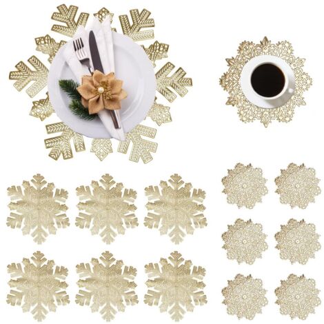 Lot de 6 sets de table et 6 dessous de verre, flocons de neige, sets de table de Noël en PVC, dessous de verre ronds, lavables et résistants à la chaleur, pour table de cuisine, 38 cm (doré)