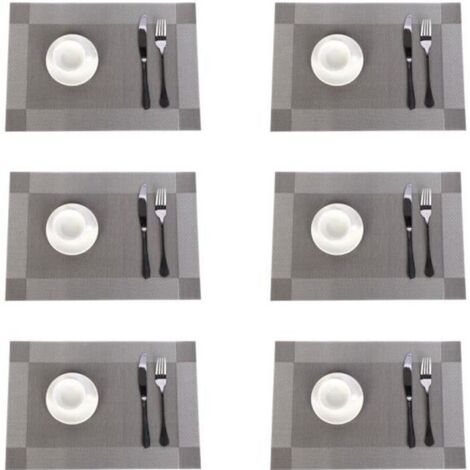 Lot de 6 Sets de Table PVC Napperons Vinyle Tissé Lavables Resistant à la Chaleur Antidérapant Restaurant Salle Manger Gris Argenté