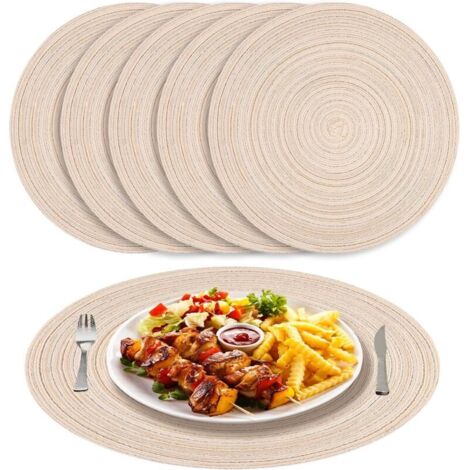 Lot de 6 sets de table ronds tissés lavables beiges de 38 cm Antidérapants, résistants à la chaleur et aux taches Pour maria