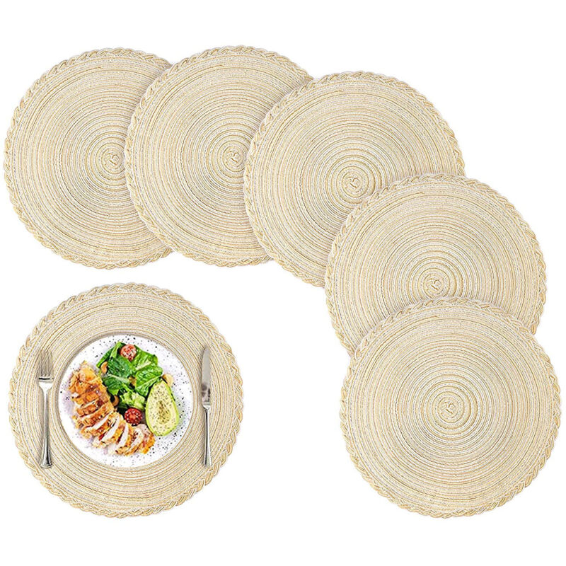 Lot de 6 sets de table ronds tissés, résistants chaleur, lavables, intérieur/extérieur