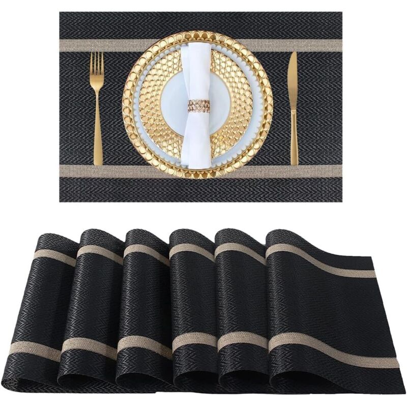 Lot de 6 sets table noirs fil or 30x45 cm, vinyle durable facile nettoyage, usage mariage/banquet/restaurant