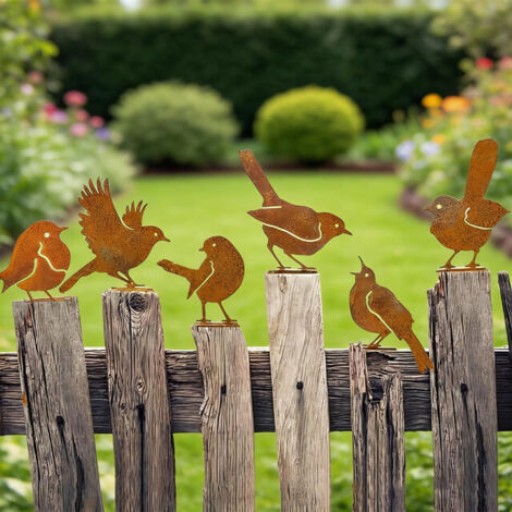Lot de 6 Silhouettes d'Oiseaux de Jardin en Métal Rouillé - Décoration Patinée pour Extérieur, Clôture et Terrasse - Design Vintage en Fer