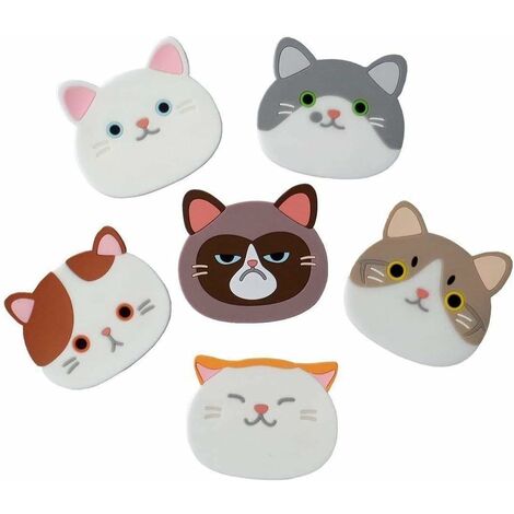 Lot de 6 sous-verres de tasse de chat mignon tapis visages en caoutchouc de silicone pour thé en verre de vin