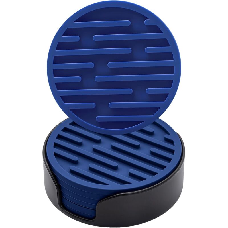 Lot de 6 sous-verres en silicone de 10 cm de diamètre (Bleu Marine) avec supports, sous-verres ronds antidérapants, adaptés aux mugs, sous-verres à