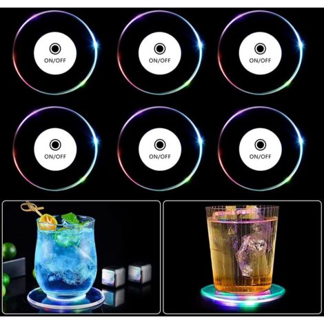 Lot de 6 sous-verres LED colorés, avec bouton marche/arrêt et 3 modes d'éclairage, sous-verres ronds lumineux en acrylique étanche pour verres, bouteilles, fêtes, mariages, bars, Noël, pubs