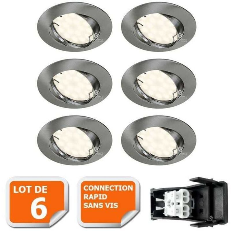 Lot de 6 spot led encastrable complet orientable alu brossé avec ampoule gu10 230v 5w, blanc neutre