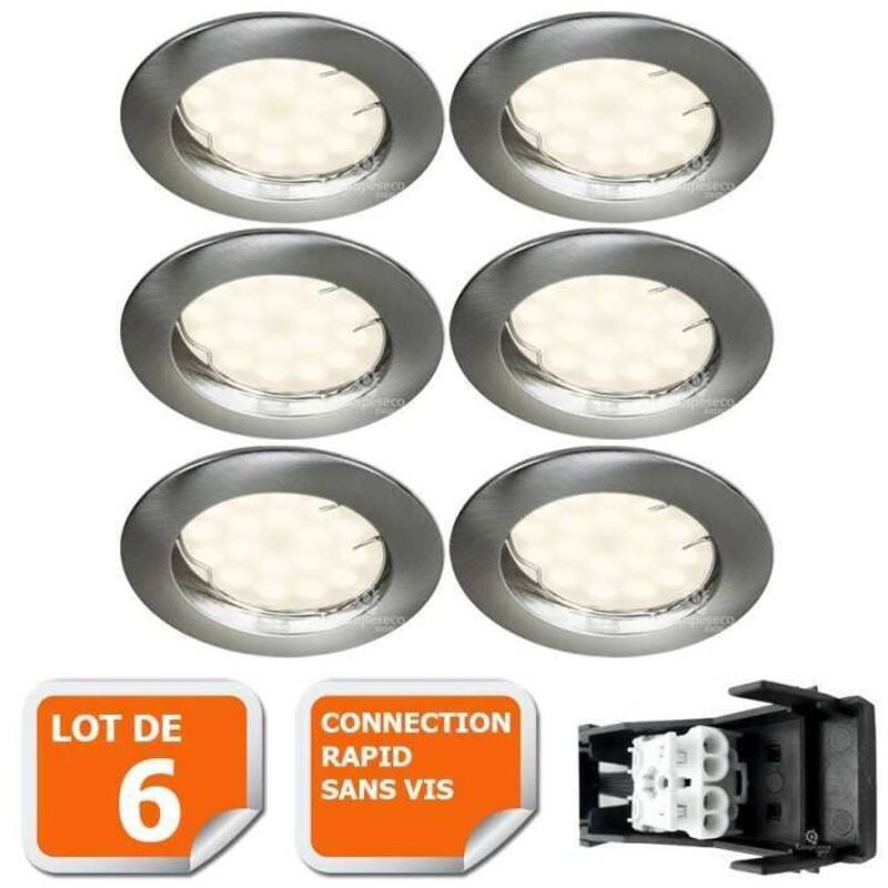 Lot de 6 spot led encastrable complète ronde fixe alu brossé blanc neutre eq. 50w