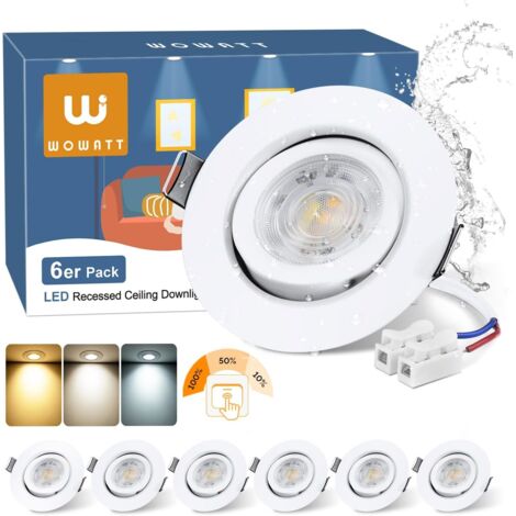 lot de 6 spot led encastrable, dimmable 3 niveaux, 3 températures de couleur, orientable 30°, ip44, pour salle de bain cuisine salon