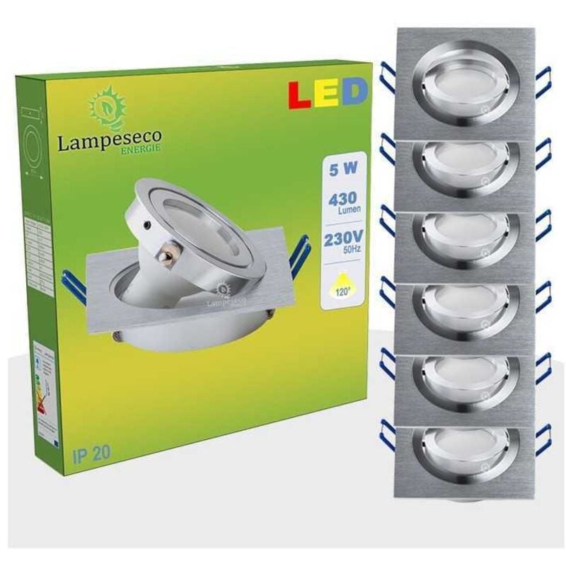 Lot de 6 Spot led encastrable orientable carré 5w eq. 50w, blanc neutre