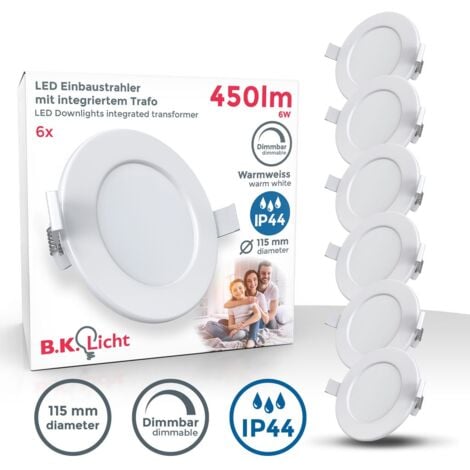 B.K.Licht lot de 6 spots dimmables spéciales salle de bain IP44, protégés contre les projections d’eau, ultra plat, Ø115mm, modules LED 6W, lumière blanche chaude