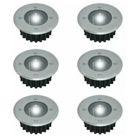 Lot de 6 spots LED solaires encastrables au sol - Ronds - Diamètre : 85 mm - Extérieur résistant au piétement - Façade en acier inoxydable - 6 lampes solaires