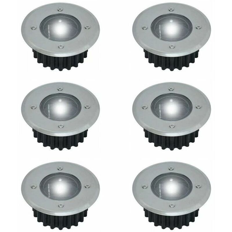 Lot de 6 spots LED solaires encastrables au sol - Ronds - Diamètre : 85 mm - Extérieur résistant au piétement - Façade en acier inoxydable - 6 lampes