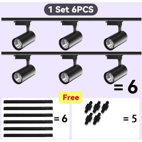 Lot de 6 spots LED sur rail noir 30W blanc froid, orientables spots de plafond pour système de rails LED, incl. 6 x 0,5 m rail et connecteurs