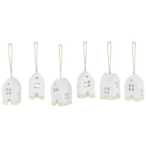 Lot de 6 Sujets de Noël "Maison" 15cm Blanc & Or