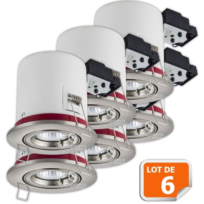 Lampesecoenergie - Lot de 6 Support de spot bbc Orientable Alu Brossé 100mm avec douille GU10 automatique ref. 819