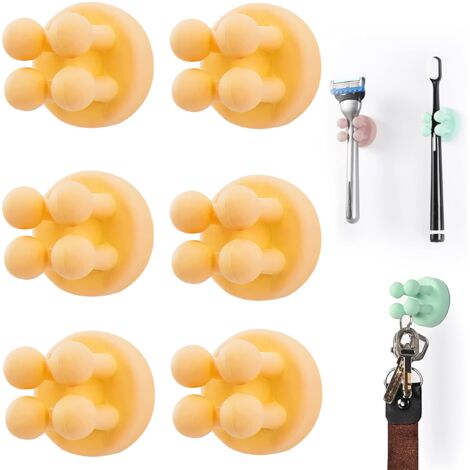 Lot de 6 Supports de Brosse à Dents en Silicone Multifonction pour Rasoir - Étanche - Auto-adhésif Mural - pour Mur ou Verre - pour Suspendre Salle de Bain, Cuisine, Salon, Bureau (Jaune)