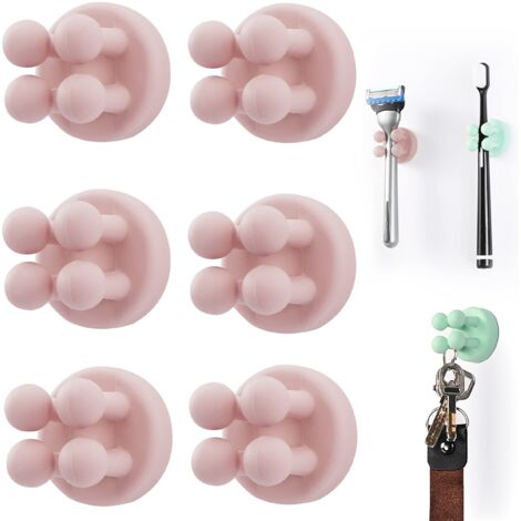 Lot de 6 Supports de Brosse à Dents en Silicone Multifonction pour Rasoir - Étanche - Auto-adhésif Mural - pour Mur ou Verre - pour Suspendre Salle de Bain, Cuisine, Salon, Bureau (Rose)