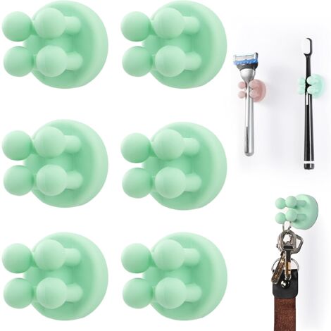 Lot de 6 Supports de Brosse à Dents en Silicone Multifonction pour Rasoir - Étanche - Auto-adhésif Mural - pour Mur ou Verre - pour Suspendre Salle de Bain, Cuisine, Salon, Bureau (Vert)