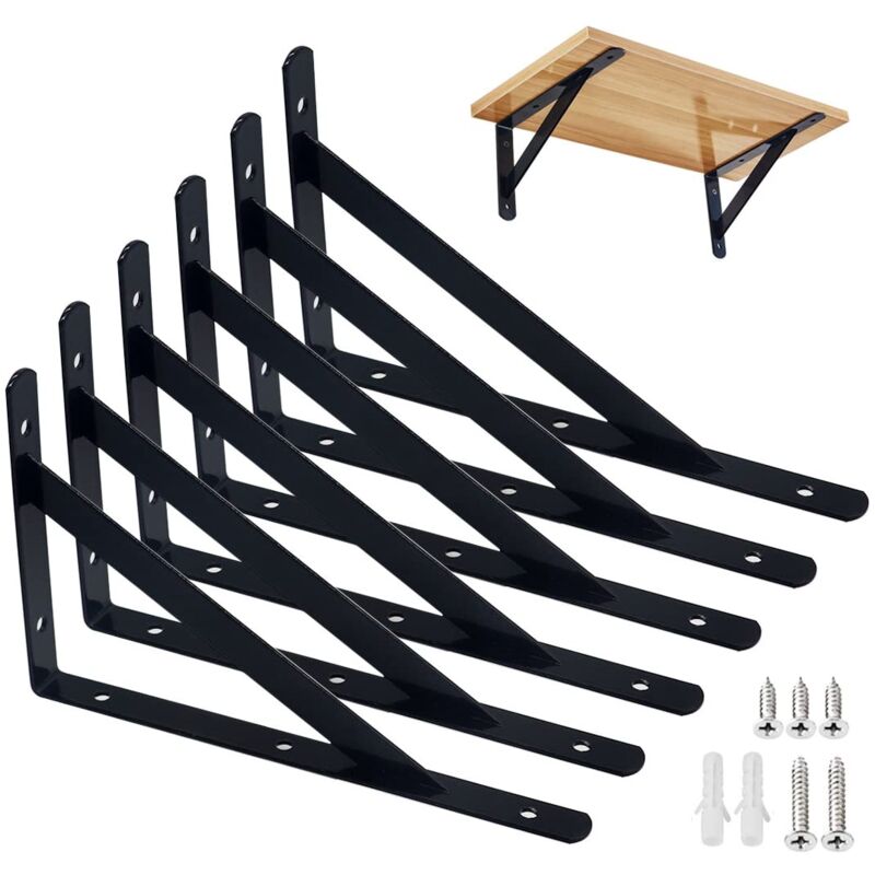 Lot de 6 supports d'étagère, pour charges lourdes, 90 °, en acier massif, pour montage mural (200 x 120 mm, 6 pièces)