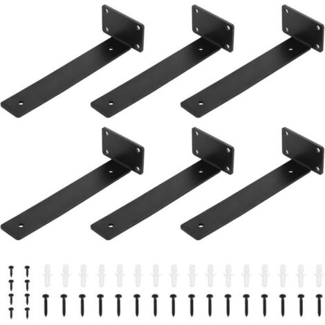 Lot de 6 supports d'étagère robustes en métal noir, supports d'étagère muraux pour étagères ouvertes, support DIY