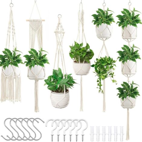 Lot de 6 Suspensions pour Plantes en Macramé en Coton Fait Main avec Crochets – Porte-Pots Bohème Intérieur & Extérieur (Pots non inclus)