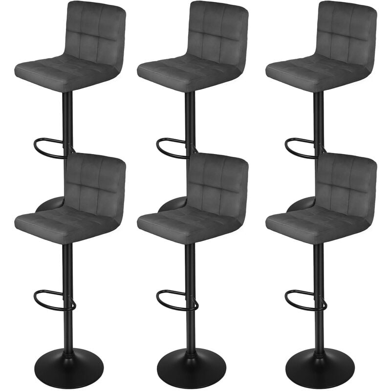 Sifree - Lot de 6 Tabouret de Bar en Velours,hauteur réglable, chaise de cuisine pivotante avec dossier et repose-pieds,gris foncé