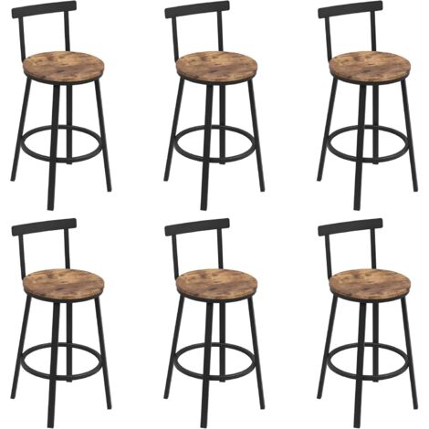Lot de 6 Tabouret de Bar WOLTU, Tabouret Haut avec Repose-Pieds et Dossier, Cadre en Métal et Siège en MDF, Marron Rustique
