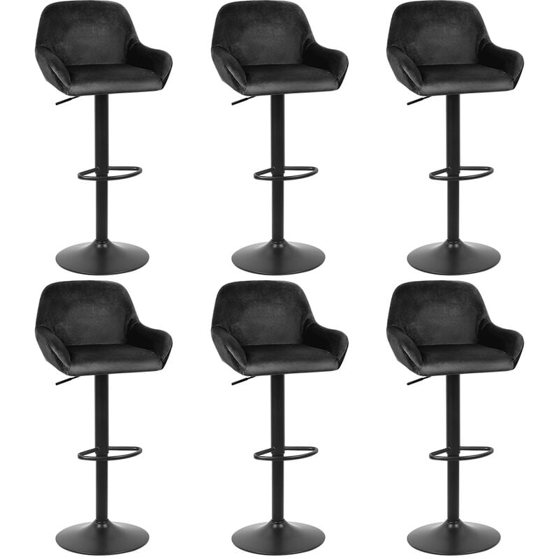 Yongqing - Lot de 6 Tabouret de Bar en velours Reglable en Hauteur et Pivotant avec Dossier et Accoudoirs Noir