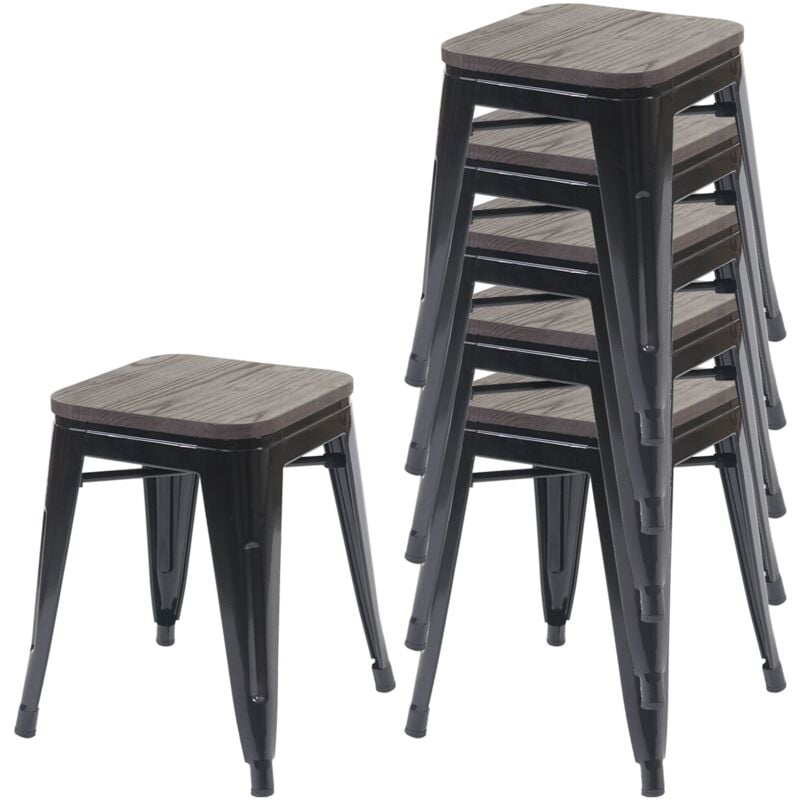 Lot de 6 tabourets bas assise en bois cadre en métal noir design industriel empilable 040007800